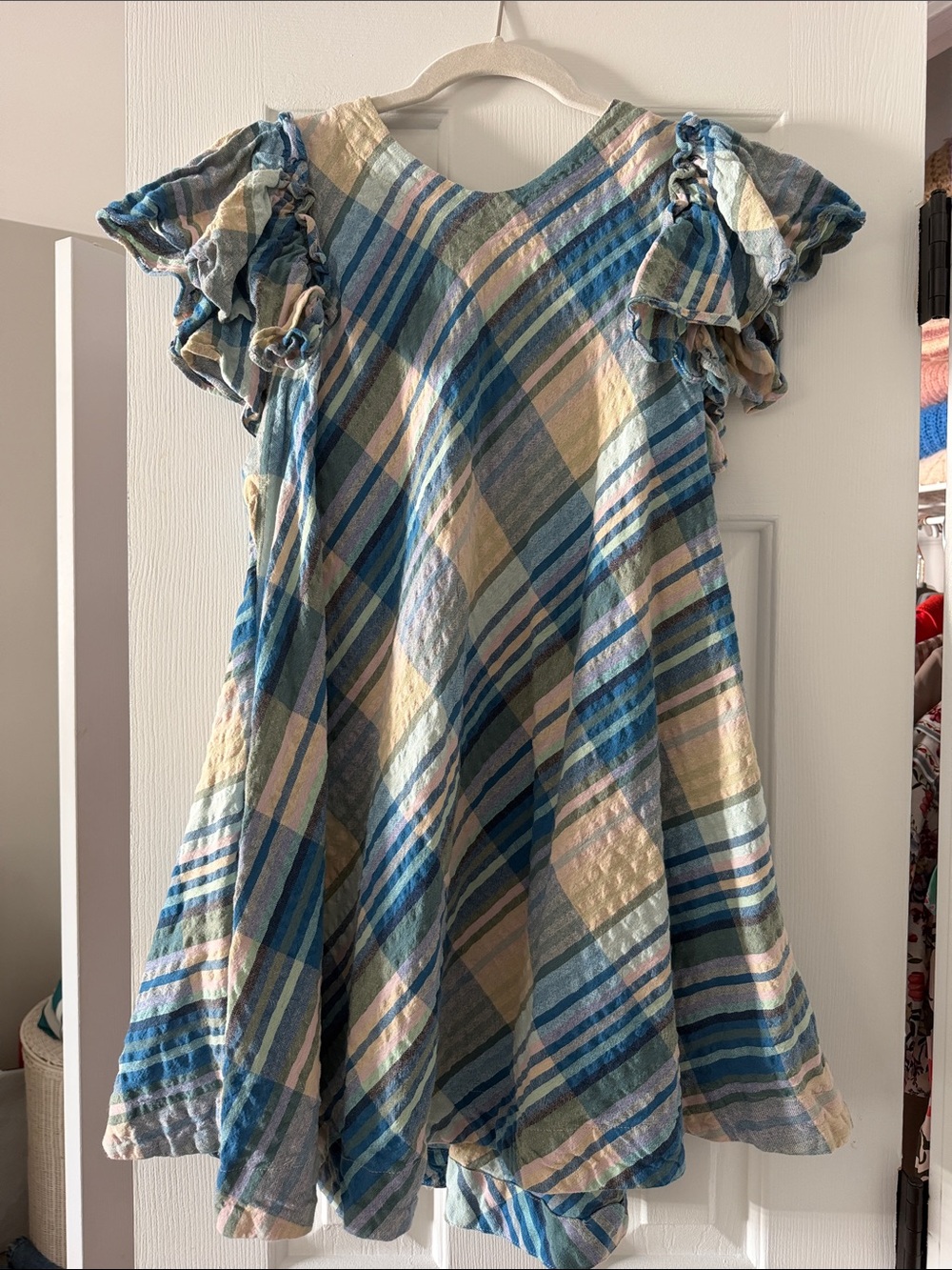 Free People Plaid Flutter-Sleeve Cotton Dress in Blue, Cream & Green